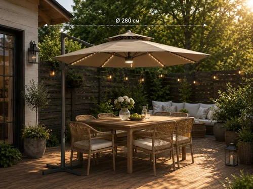 Umbrelă pentru terasă și grădină 280 cm, cu iluminare LED solară și suport metalic