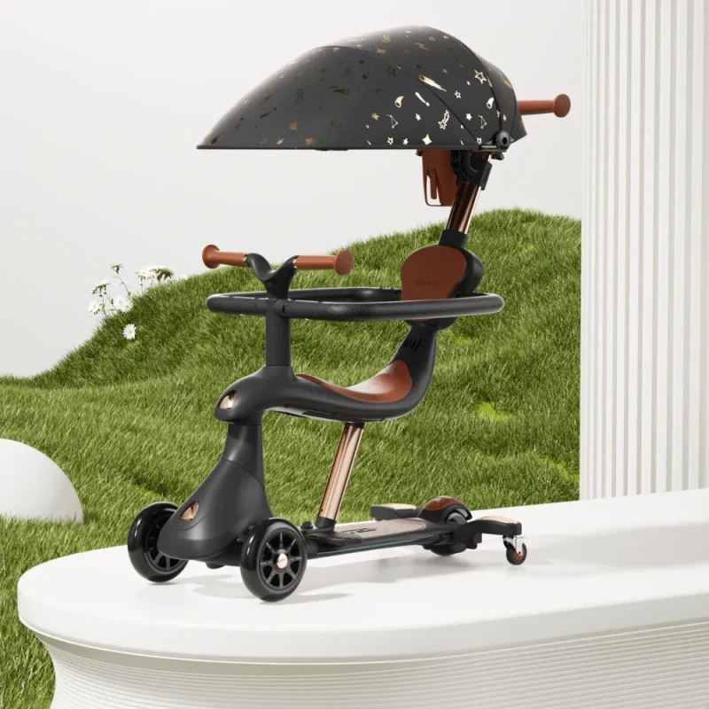RTM Scooter (74000) Детский самокат с сиденьем, солнцезащитным козырьком и родительской ручкой, трансформируемый, светящиеся колеса, черный 2