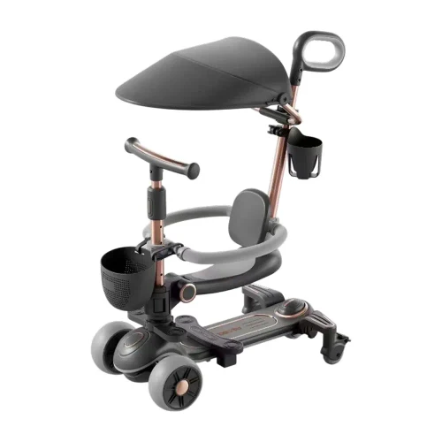 RTM Scooter (80262) Детский самокат с сиденьем, шторкой и родительской ручкой, трансформируемый, светящиеся колеса, музыка и подсветка, черный