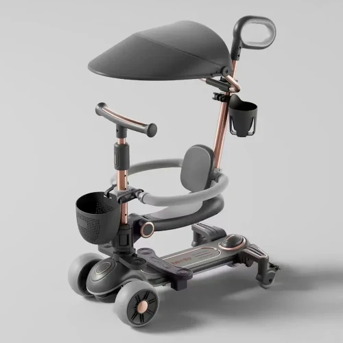 RTM Scooter (80262) Детский самокат с сиденьем, шторкой и родительской ручкой, трансформируемый, светящиеся колеса, музыка и подсветка, черный
