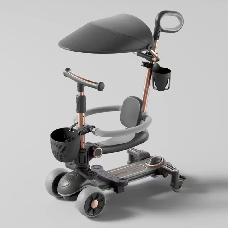 RTM Scooter (80262) Детский самокат с сиденьем, шторкой и родительской ручкой, трансформируемый, светящиеся колеса, музыка и подсветка, черный 2