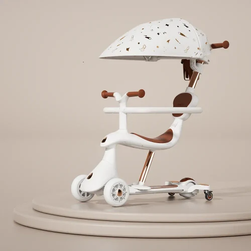 RTM Scooter (74002) Детский самокат с сиденьем, солнцезащитным козырьком и родительской ручкой, трансформируемый, светящиеся колеса, белый