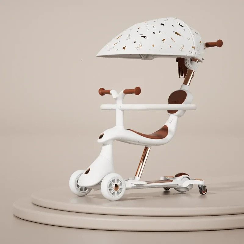 RTM Scooter (74002) Детский самокат с сиденьем, солнцезащитным козырьком и родительской ручкой, трансформируемый, светящиеся колеса, белый 2