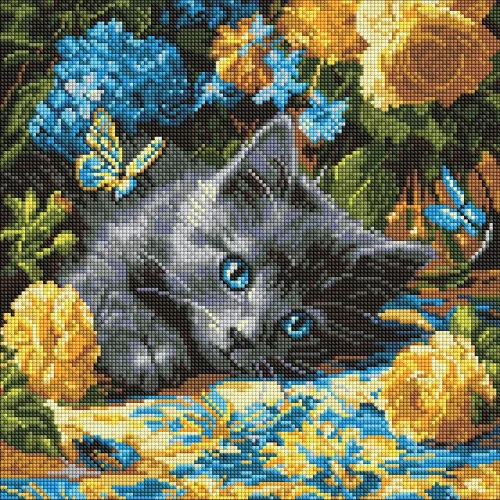 Mozaic cu diamante Pisică cu ochi albaștri, 40×40 cm, Ideyka (AMO8340)