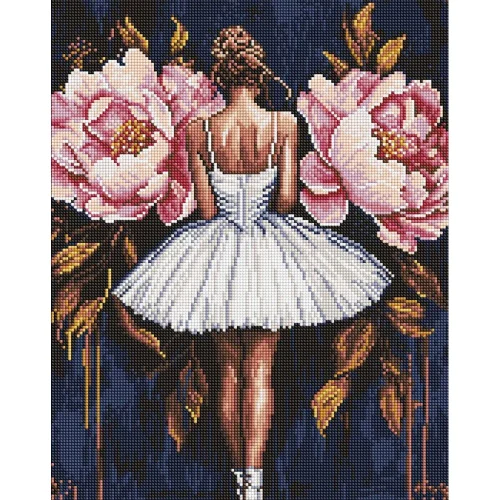 Mozaic cu diamante Balerină cu bujori roz, 40×50 cm, Ideyka (AMO8346)