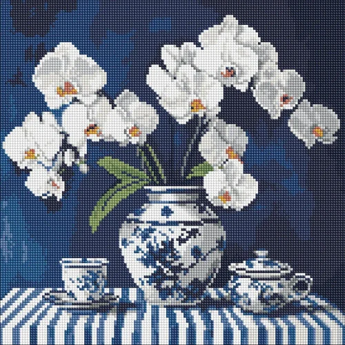 Mozaic cu diamante Orhidee în vază, 40×40 cm, Ideyka (AMO8255)