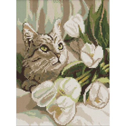 Mozaic cu diamante Pisică cu lalele, 30×40 cm, Ideyka (AMO20099)