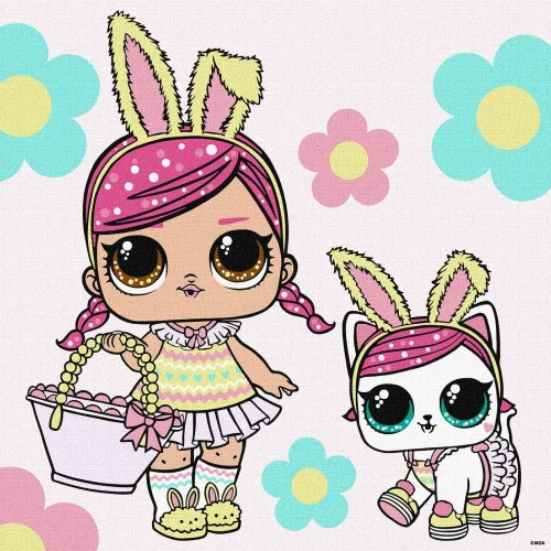 Pictură pe numere, LOL Surprise Spring Bling Hops cu Kittea, 40×40 cm, Ideyka (KHO1102)