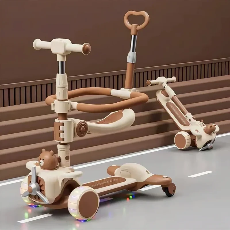 Trotinetă pentru copii 6 în 1 cu scaun, mâner parental, roți luminoase și muzică, bej, RTM Scooter (91573) 2
