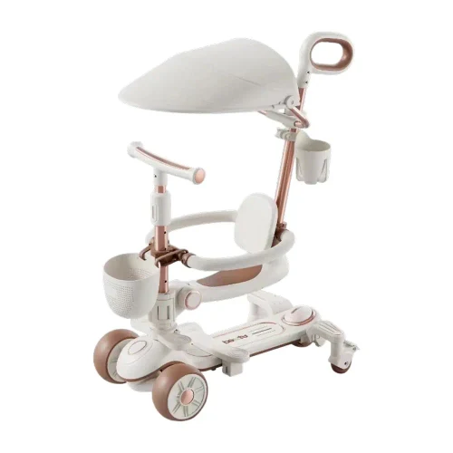 RTM Scooter (79267) Детский самокат с сиденьем, солнцезащитным козырьком и родительской ручкой, трансформируемый, светящиеся колеса, музыка и подсветка, белый