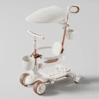 RTM Scooter (79267) Детский самокат с сиденьем, солнцезащитным козырьком и родительской ручкой, трансформируемый, светящиеся колеса, музыка и подсветка, белый 2