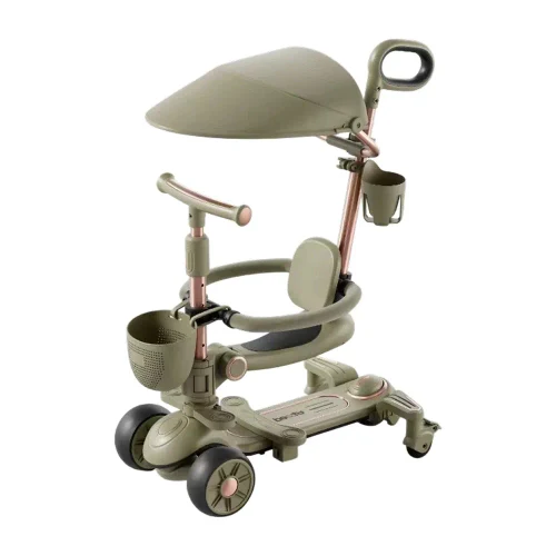 RTM Scooter (78314) Детский самокат с сиденьем, солнцезащитным козырьком и родительской ручкой, трансформируемый, светящиеся колеса, музыка и подсветка, зеленый