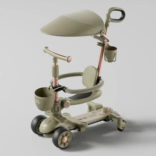 RTM Scooter (78314) Детский самокат с сиденьем, солнцезащитным козырьком и родительской ручкой, трансформируемый, светящиеся колеса, музыка и подсветка, зеленый