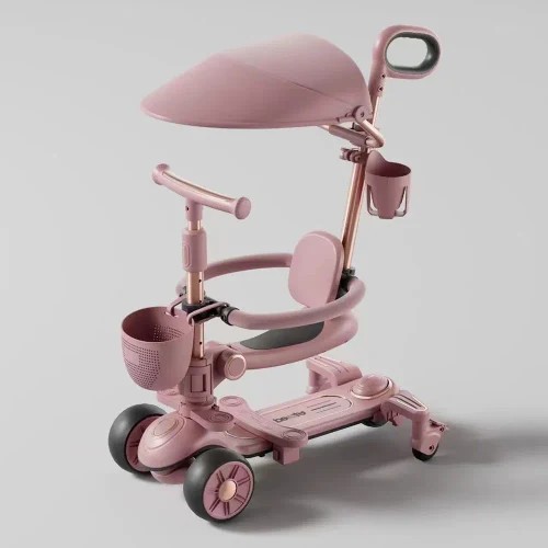 RTM Scooter (78642) Детский самокат с сиденьем, солнцезащитным козырьком и родительской ручкой, трансформируемый, светящиеся колеса, музыка и подсветка, розовый